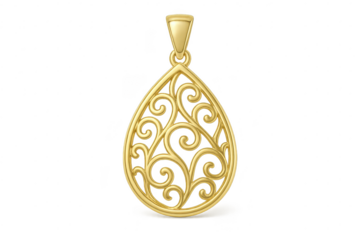 Elegant gold filigree teardrop pendant isolated on transparent background