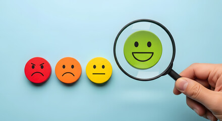 Magnifier in hand selected happy smiley face icon among emotions. Good feedback rating, positive customer review. Experience, satisfaction survey, mental health. Certificate demonstrates satisfaction.