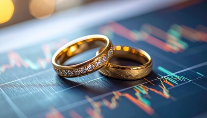Two gold wedding rings, adorned with diamonds, rest on a digital display with financial charts