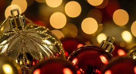 Closeup of christmas baubles with glowing bokeh lights