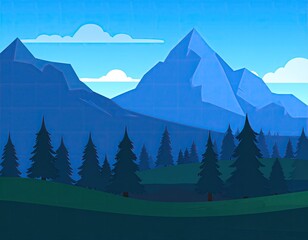 Stylized mountain range scene with forest