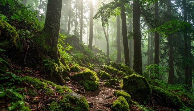 Misty forest path, sunlight filtering through trees