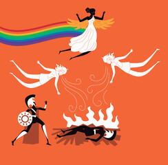 goddess iris creating rainbow with wind gods at patroclus funeral pyre with achilles