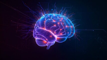 Initializing digital brain model rotating against grid backdrop, simulating neural firing patterns - Powered by Adobe