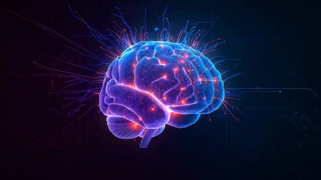 Initializing digital brain model rotating against grid backdrop, simulating neural firing patterns