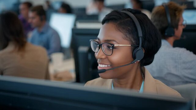 Answering customer call agent in beige blazer analyzing request and replying via headset in office