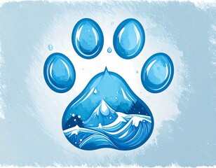 Blue paw print with water scene inside