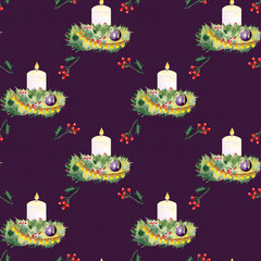 Candles, pine branches, holly berries, baubles, watercolor seamless Christmas pattern on purple background. Ideal for wrapping paper, fabric, festive backgrounds, holiday crafts, invitations, table