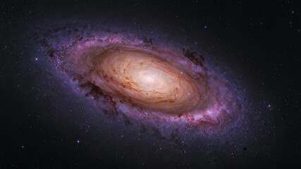 Rotating spiral galaxy showing bright bulge, pink regions and dust lanes in outer space - Powered by Adobe