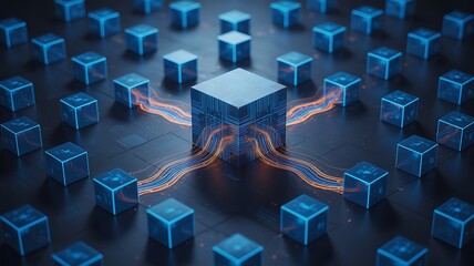 Obraz premium Interconnected digital cubes with glowing energy streams