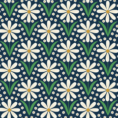 Mid mod Retro daisies flowers in white seamless pattern on dark navy blue. For fabric, wallpaper, home décor and stationary