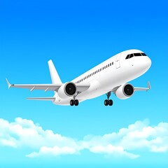 Fototapeta premium White jet plane soaring in a vibrant blue sky with fluffy clouds