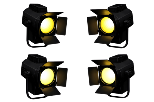 Four stage spotlights with bright yellow beams isolated on transparent background