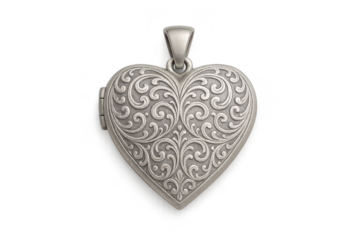 Ornate silver heart locket pendant isolated on transparent background, elegant
