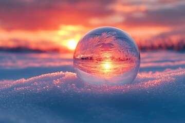 Snow globe displaying sunset in background.