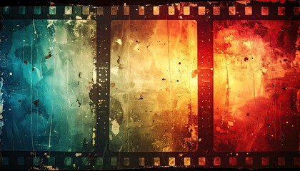 Aged film strip with vibrant, mottled colors