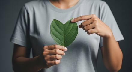 Green Energy, Renewable and Sustainable Resources. Environmental and Ecology Care Concept. Close up of Hand Holding a Heart Shape Green Leaf on Chest