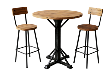 Rustic wooden bar table and stools isolated on transparent background