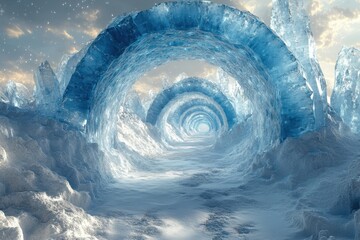 Snow-covered tunnel, serene in the wintry landscape.