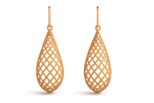 Elegant golden lattice teardrop earrings isolated on transparent background