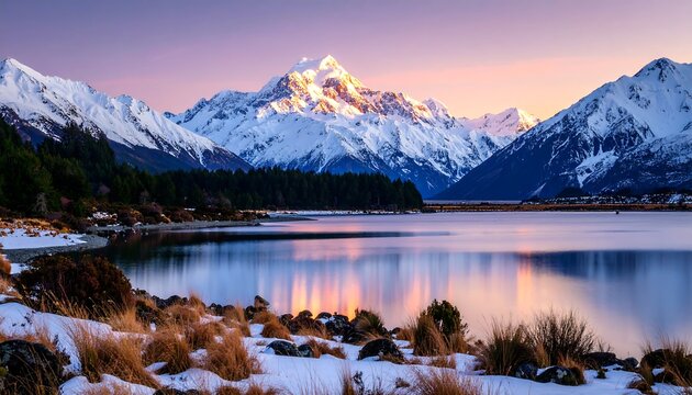 Majestic mountain peak at sunrise over a serene lake