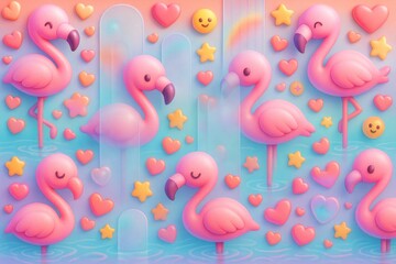 Naklejka premium Cute pink flamingos with hearts, stars, and smiley emojis in a dreamy pastel water scene with soft lighting and colorful background. Ai generative