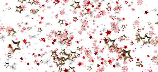 Festive winter background with red and gold stars and snowflakes. Perfect for Christmas, New Year, holidays.