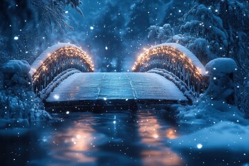 Snow-covered bridge adorned with lights.