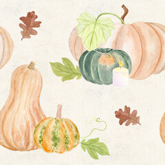 Pumpkin, butternut squash, green gourds, candles, oak leaf vines. Seamless watercolor pattern on textured paper perfect for Thanksgiving, seasonal packaging, fabric, wrapping paper, rustic kitchen