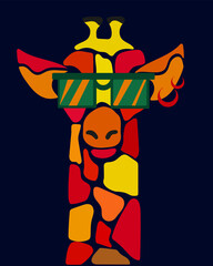 A drawn giraffe wearing sunglasses on a dark background. Abstract image of a wild animal. Image for a poster, cover, background, applique, or coloring book.