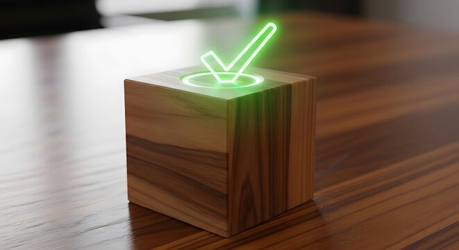 Wooden cube with a glowing green check mark on a wooden table symbolizing approval