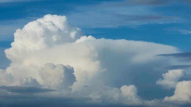 Opening showing cumulus cloud rising, expanding in deep blue sky, with anvil top and cirrus streaks