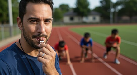 A blurry image of children practicing track and field on a playground. A male physical education teacher stands in front, blowing a whistle.