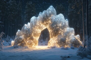 Large ice cave in snowy scene surrounded by glowing lights.