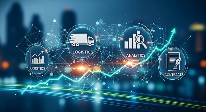 Logistics analytics and contracts icons with rising graph on a network background - Powered by Adobe