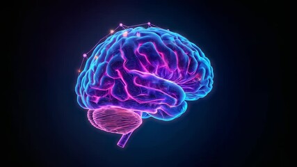 Starting neon brain rotating in dark space, revealing neural pathways, glowing nodes, cerebellum - Powered by Adobe