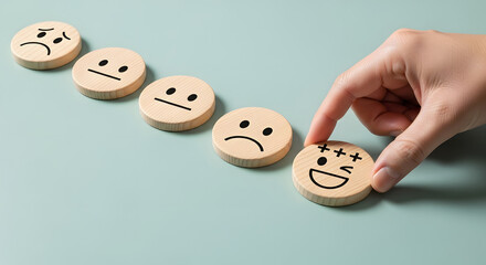 Hand placing happy smiley face icon among neutral and sad faces, concept for positive thinking, mental health improvement, happiness, and emotional wellbeing with copy space.