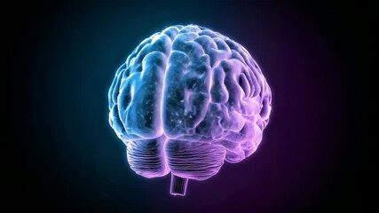 Glowing 3D brain model starting slow clockwise rotation in dark studio, showcasing particle effects - Powered by Adobe