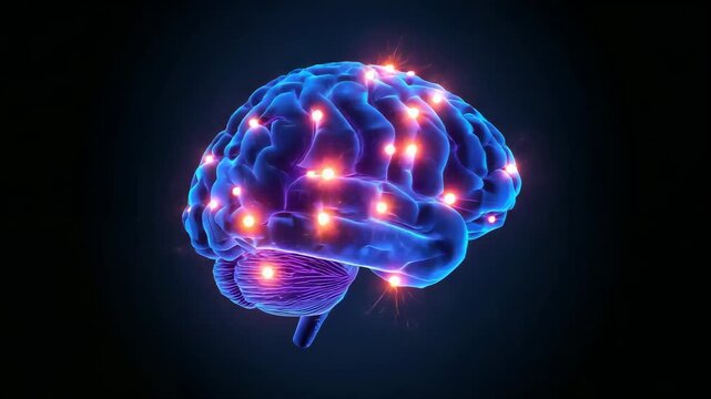 On playback start 3D brain model rotating in VR space, revealing glowing activity nodes and flares