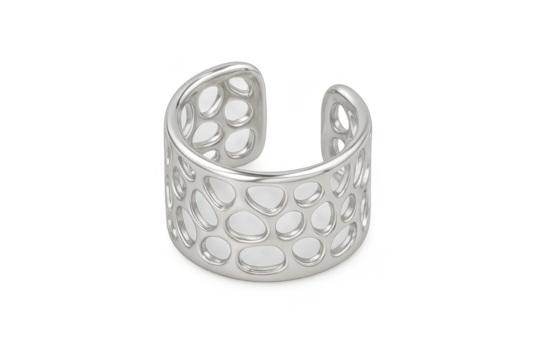 Silver cuff bracelet, openwork, isolated on transparent background.