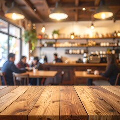 Blurred coffee shop interior with wooden tabletop