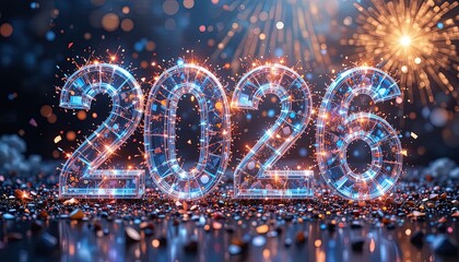 Glowing, transparent "2026" numerals are illuminated with neon blue and orange light, set against a dark, sparkling backdrop with festive fireworks, creating a futuristic and celebratory scene for...
