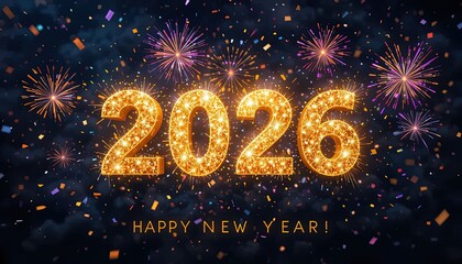 Spectacular digital composition celebrating the new year, featuring the year 2026 in glittering gold with sparkling fireworks and confetti showers, perfect for holiday greetings and festive...