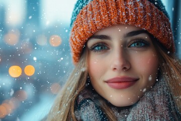 Woman in hat and scarf stands in snow.