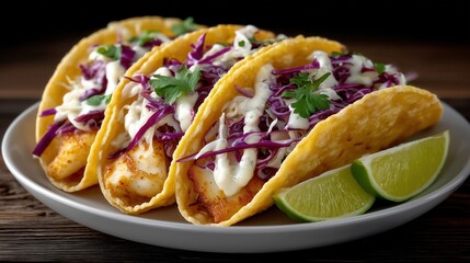 Delicious Fish Tacos with Red Cabbage Slaw, Creamy Sauce, and Lime Wedges on a White Plate, Close-up Studio Shot on Dark Wood Background