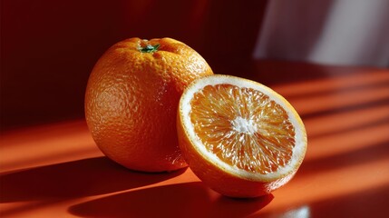Juicy whole orange fruit with a sliced half placed beside it, set on a glossy red surface under dramatic lighting.
