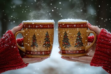 hands holding coffee mugs with Christmas trees.