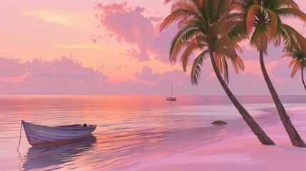 Serene Tropical Beach Scene with Palm Trees and Sunset Sky