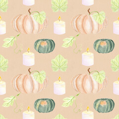 Pumpkins, candles, green leaves on beige background. Seamless watercolor pattern. Cozy harvest design perfect for fall textiles, Thanksgiving, Halloween wrapping paper, stationery, home accessories