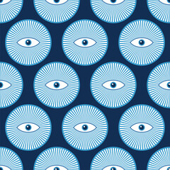 Seamless pattern with eyes inside striped circles. Esoteric symbolism. Magic, witchcraft, occult symbols. Blue color eyes pattern. Magic eyes. Isolated decorative elements. Color vector background.